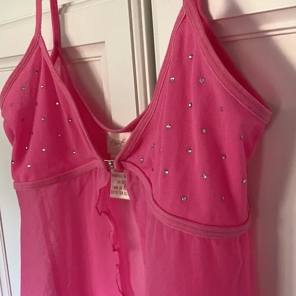 Silk&Satin pink sheer sparkling crystals open front chemise babydoll cami S - Picture 13 of 13